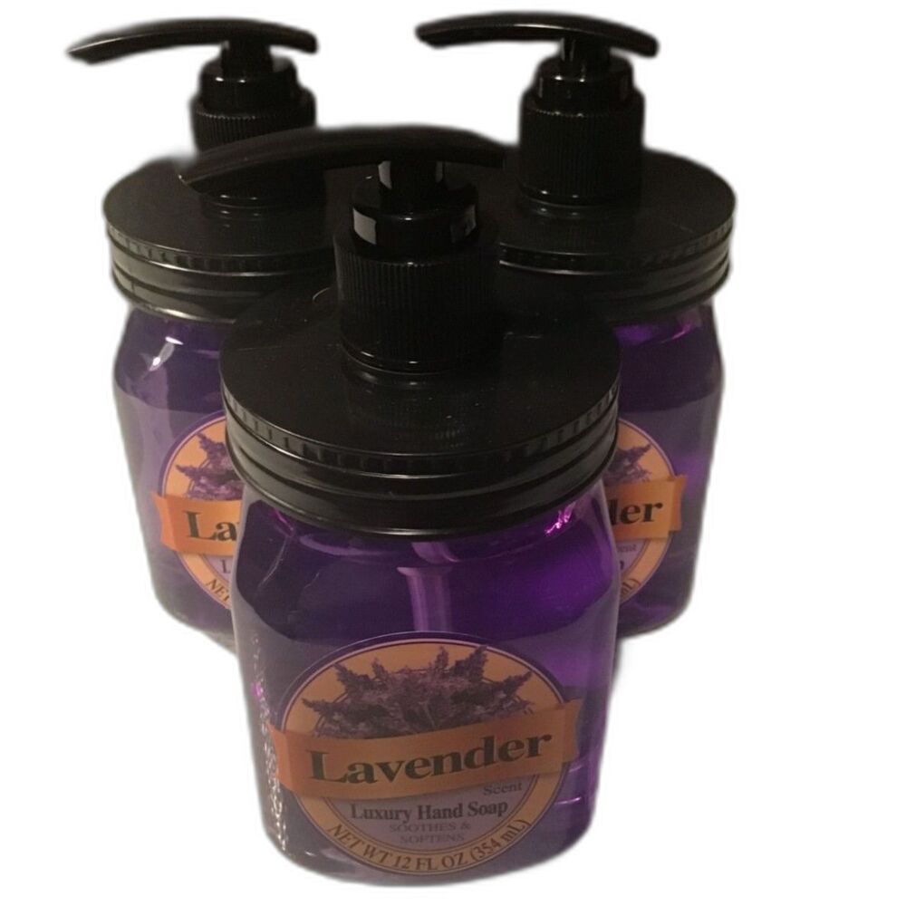 Lot of 3 Lavender Luxury Hand Soap Mason Jar Pump Bottles - 12 fl oz Each